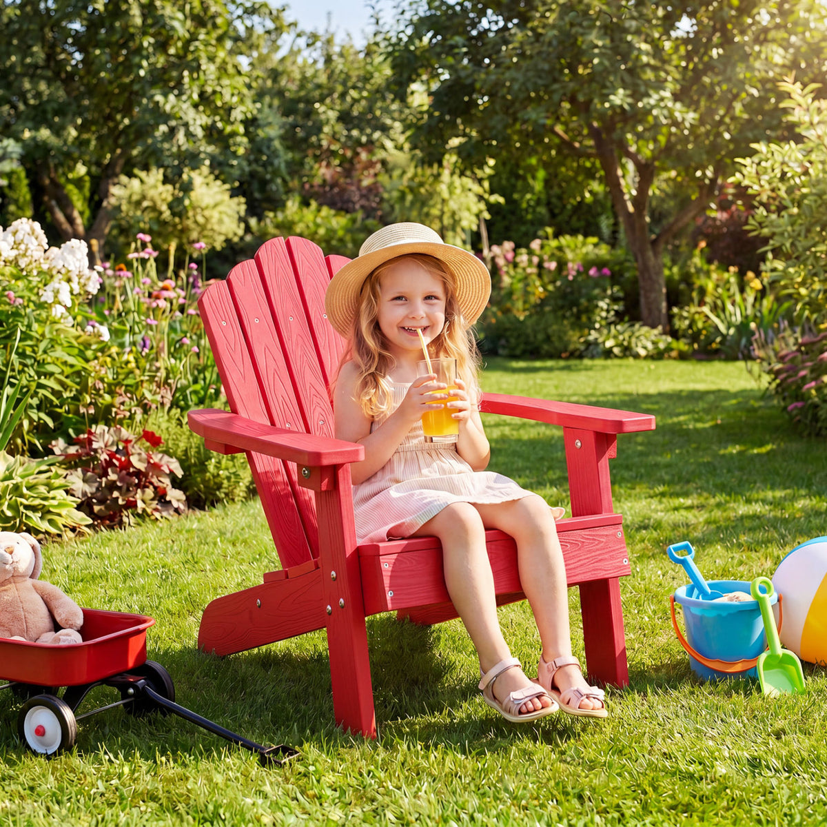 Kids Adirondack Chair All-weather Outdoor Chair for Children with Tilted High Backrest