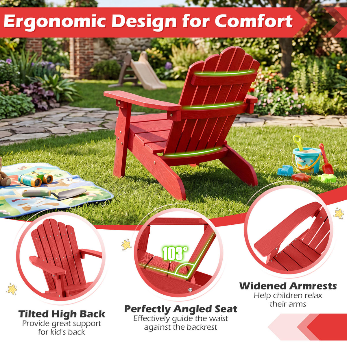Kids Adirondack Chair All-weather Outdoor Chair for Children with Tilted High Backrest