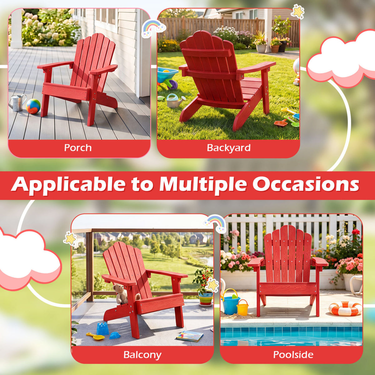 Kids Adirondack Chair All-weather Outdoor Chair for Children with Tilted High Backrest
