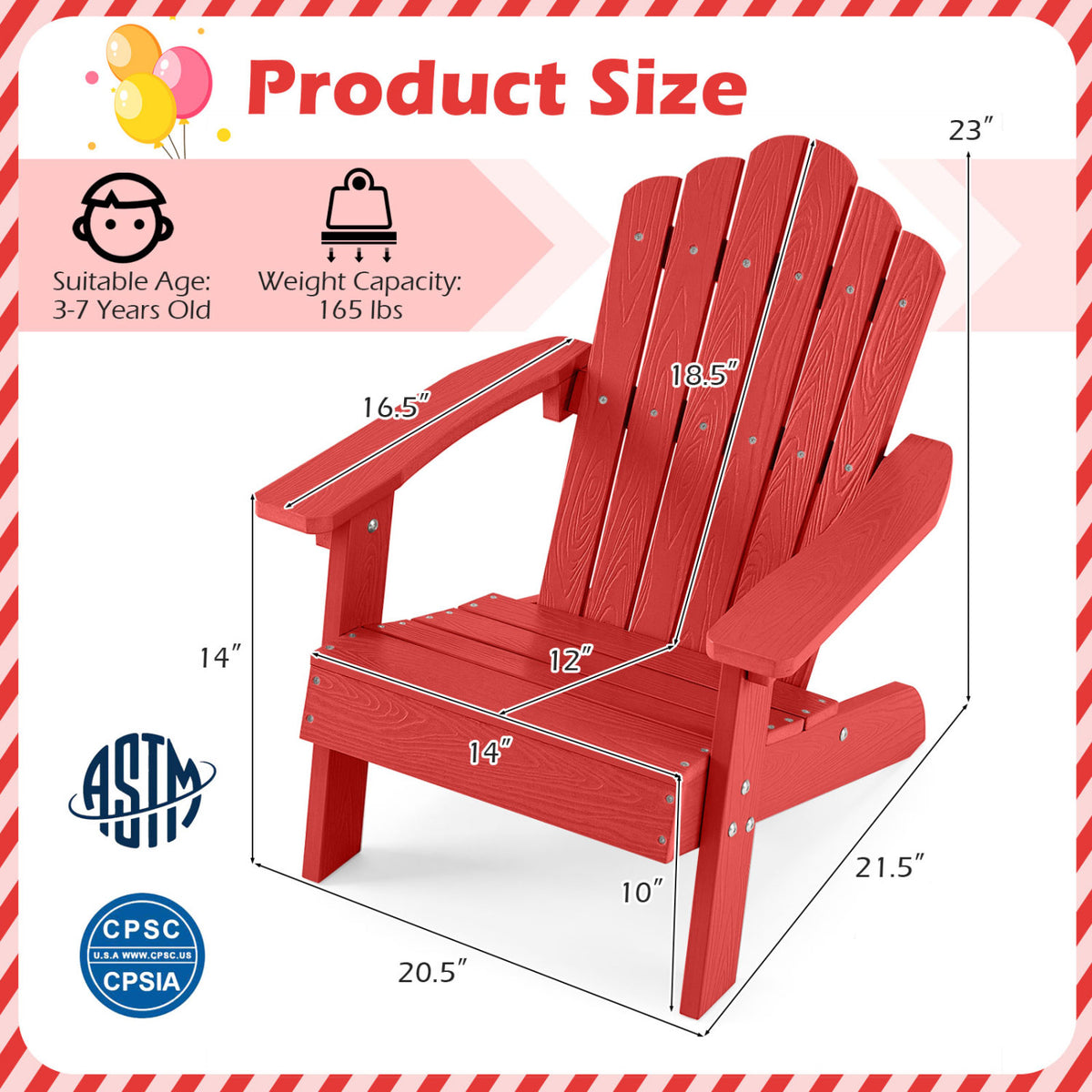 Kids Adirondack Chair All-weather Outdoor Chair for Children with Tilted High Backrest