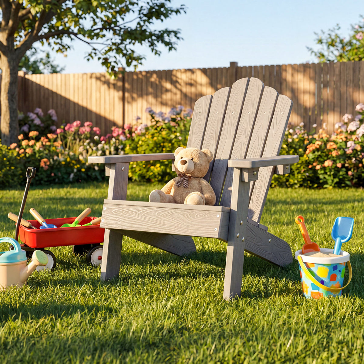 Kids Adirondack Chair All-weather Outdoor Chair for Children with Tilted High Backrest