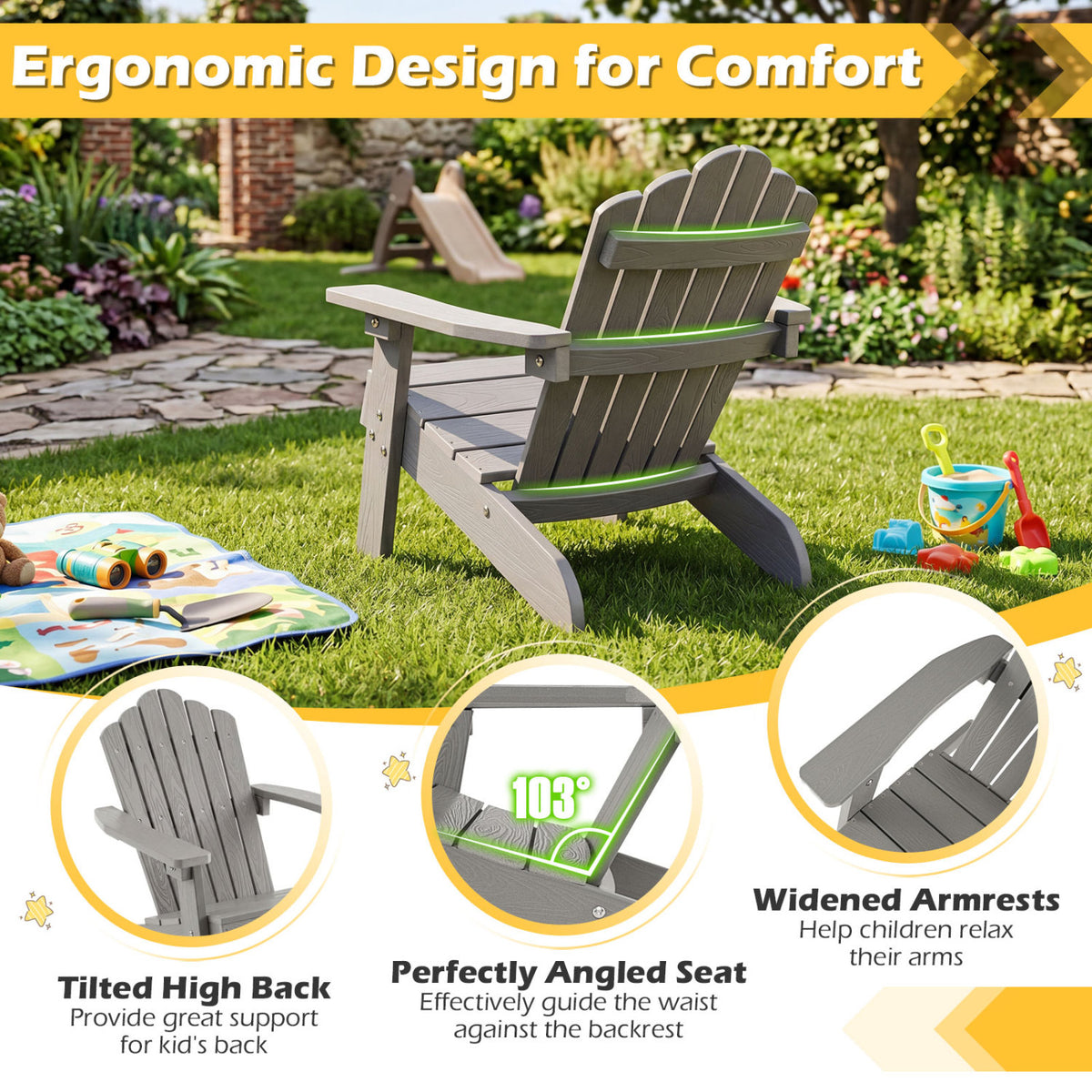 Kids Adirondack Chair All-weather Outdoor Chair for Children with Tilted High Backrest