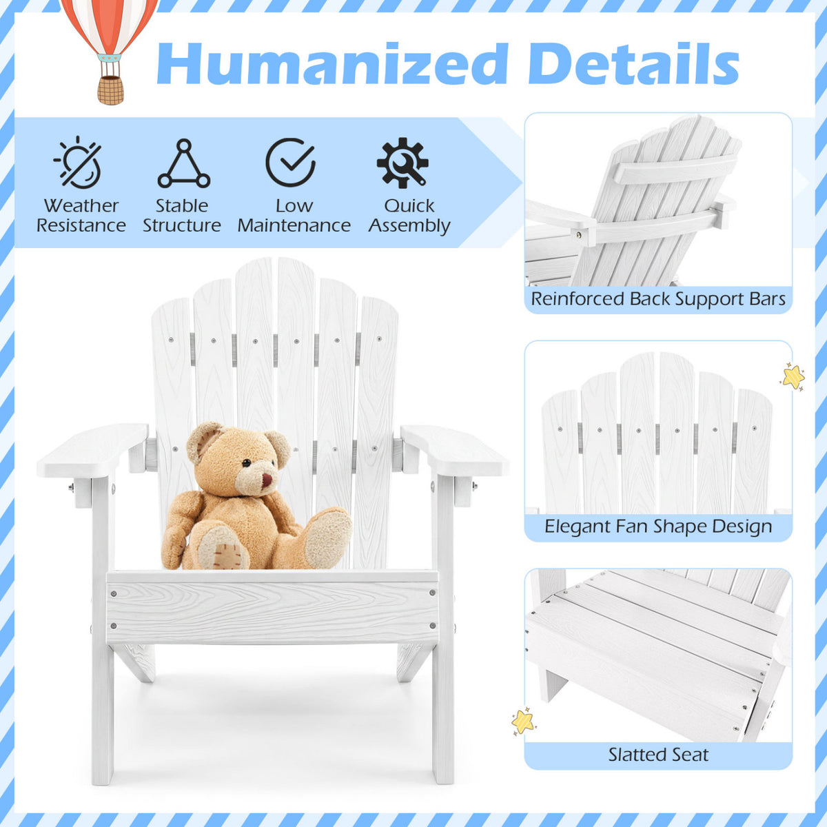 Kids Adirondack Chair All-weather Outdoor Chair for Children with Tilted High Backrest