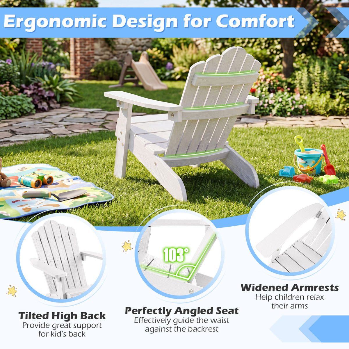 Kids Adirondack Chair All-weather Outdoor Chair for Children with Tilted High Backrest