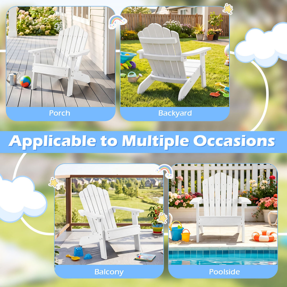 Kids Adirondack Chair All-weather Outdoor Chair for Children with Tilted High Backrest