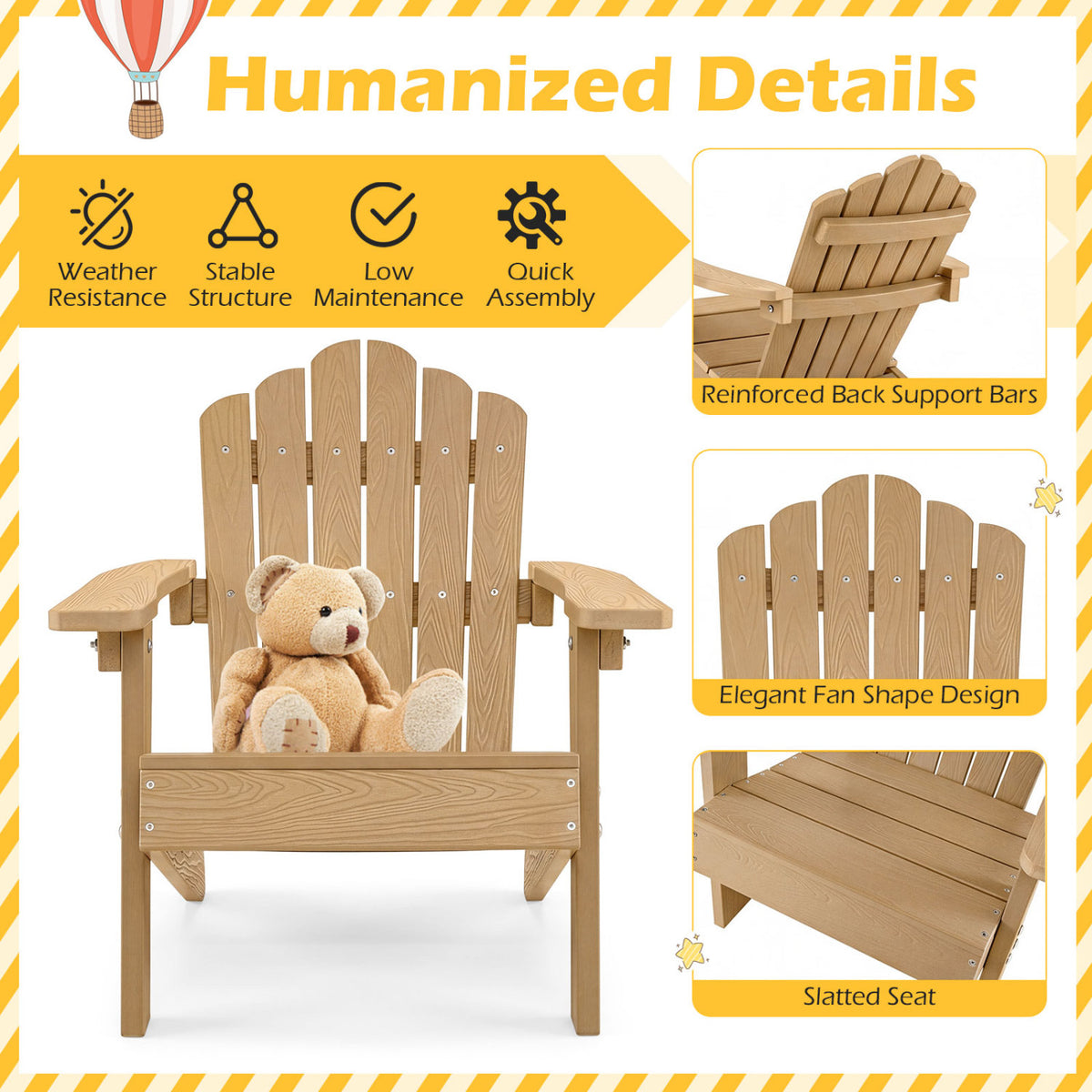 Kids Adirondack Chair All-weather Outdoor Chair for Children with Tilted High Backrest
