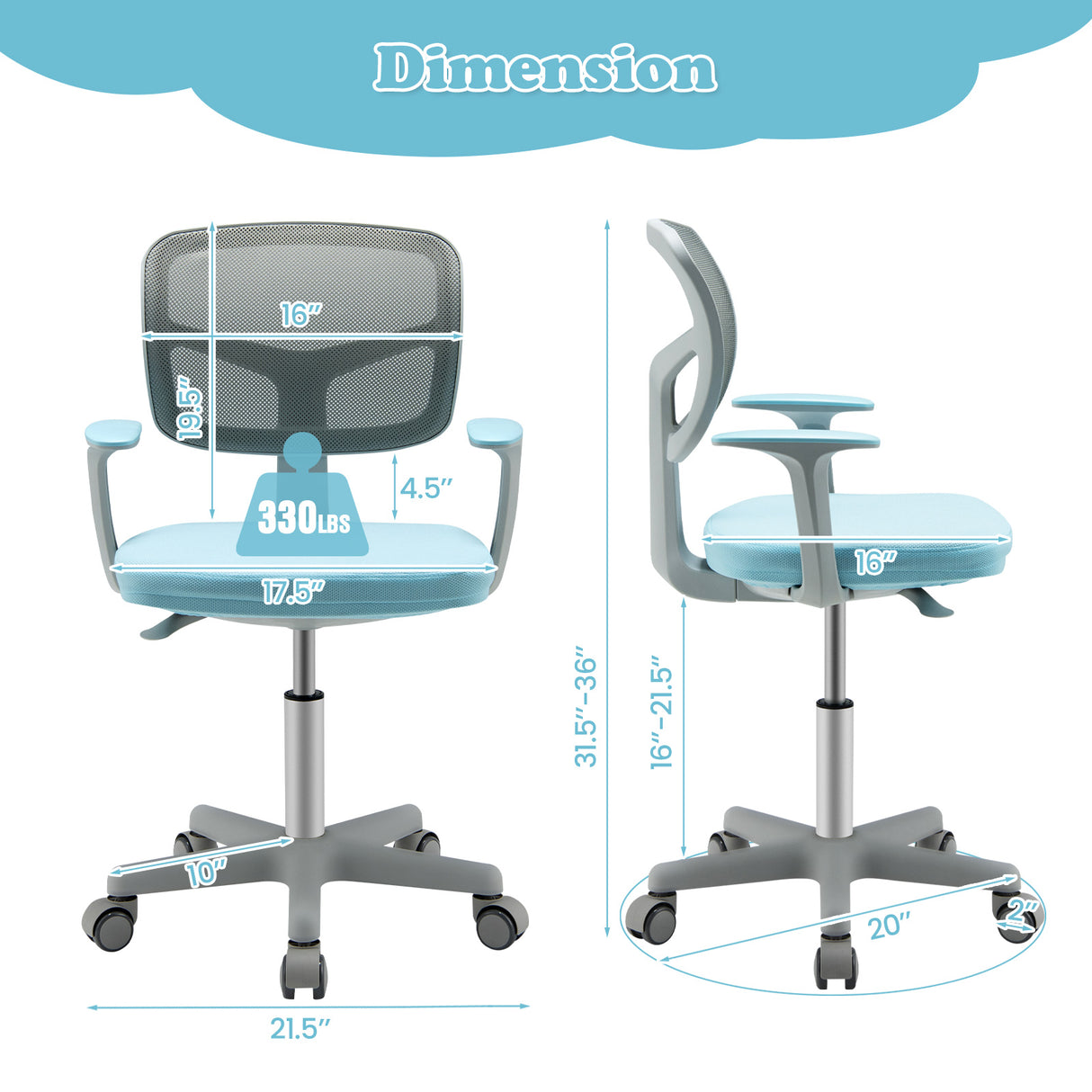 Adjustable Desk Chair with Auto Brake Casters for Kids