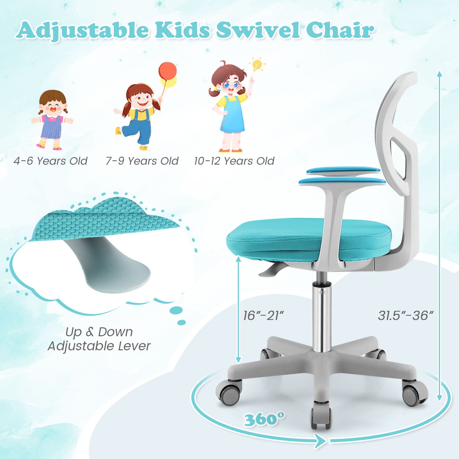 Adjustable Desk Chair with Auto Brake Casters for Kids