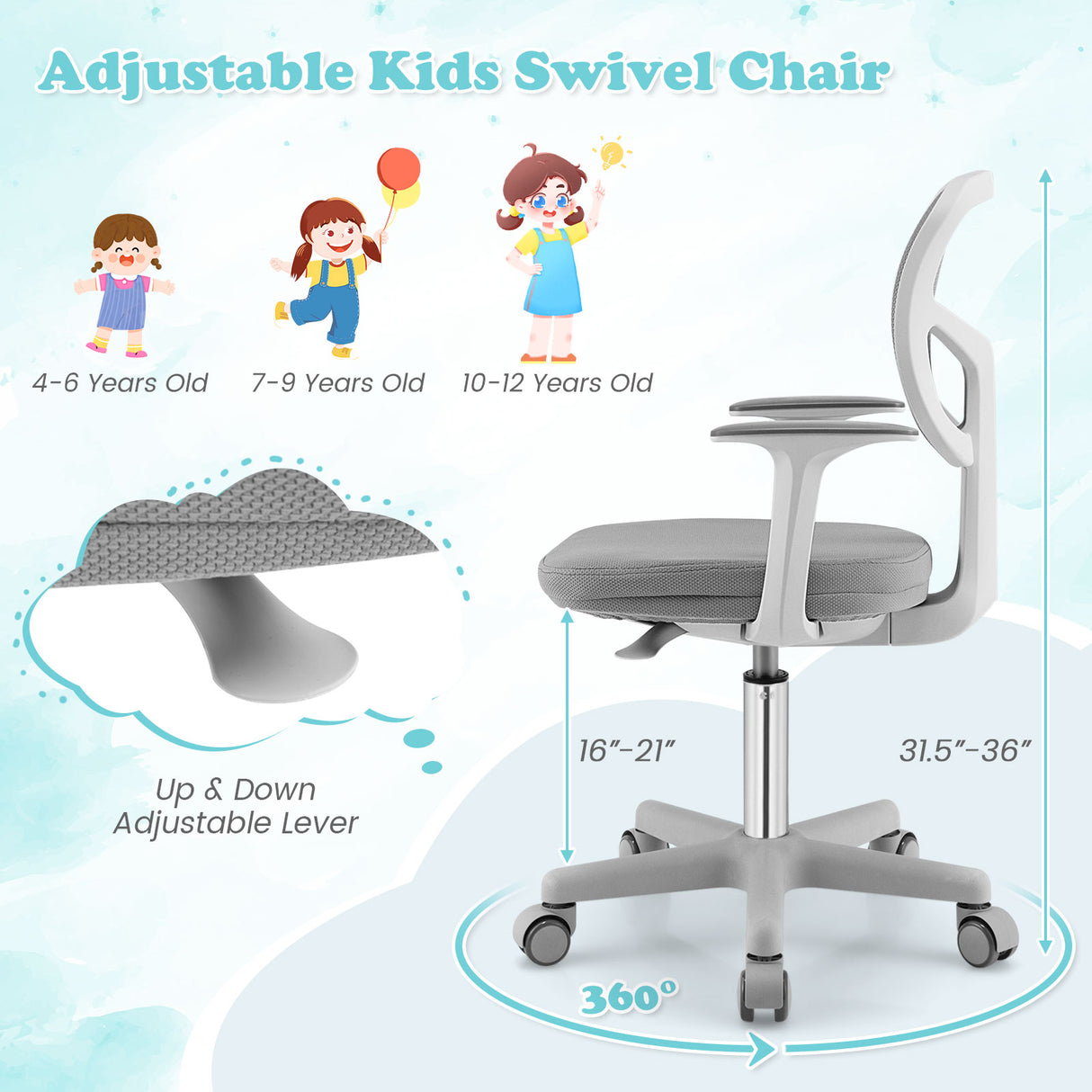 Adjustable Desk Chair with Auto Brake Casters for Kids