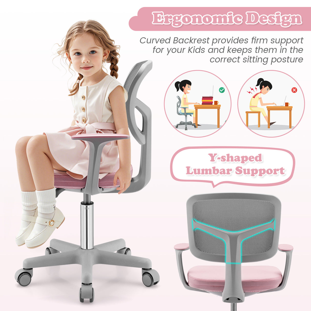 Adjustable Desk Chair with Auto Brake Casters for Kids