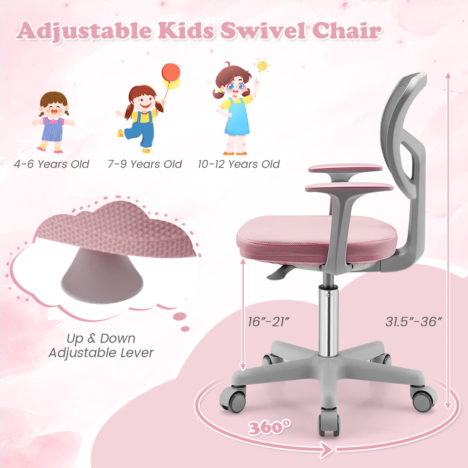 Adjustable Desk Chair with Auto Brake Casters for Kids