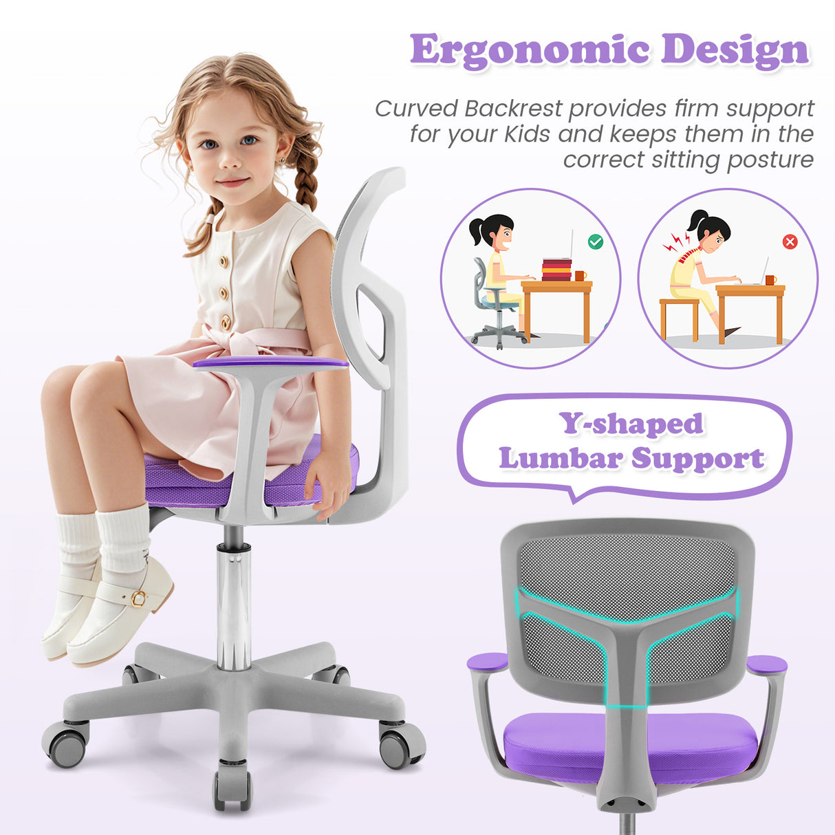 Adjustable Desk Chair with Auto Brake Casters for Kids