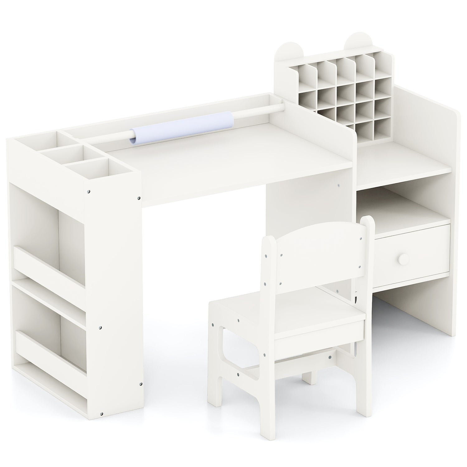 Kids Art Table and Chair Set with Detachable Paper Roll Holder and Cabinet