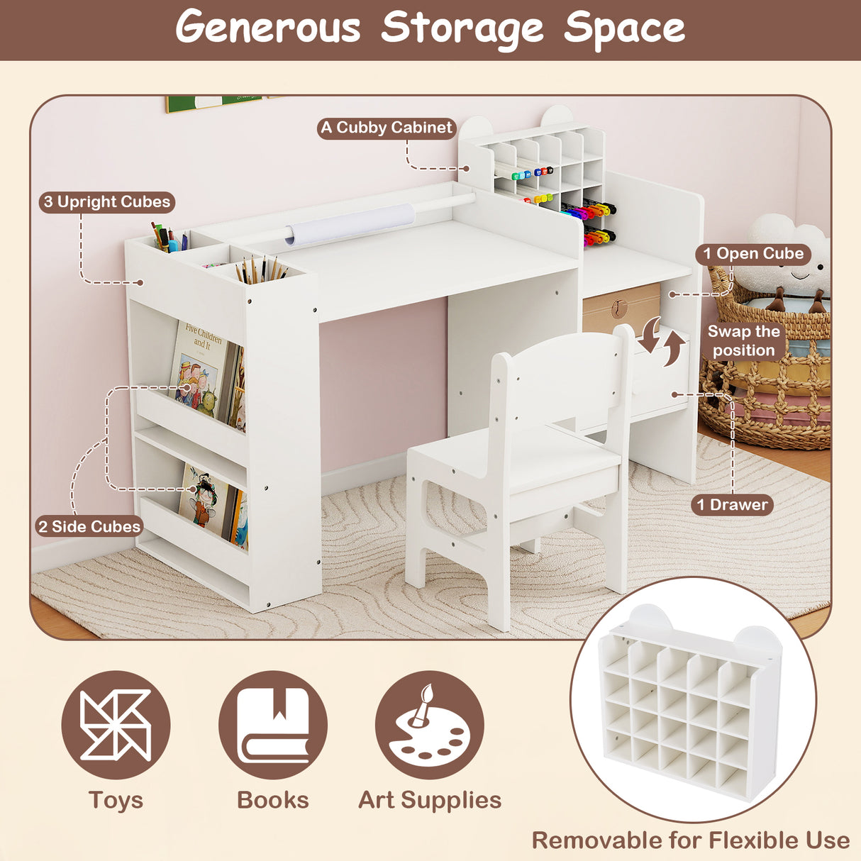 Kids Art Table and Chair Set with Detachable Paper Roll Holder and Cabinet