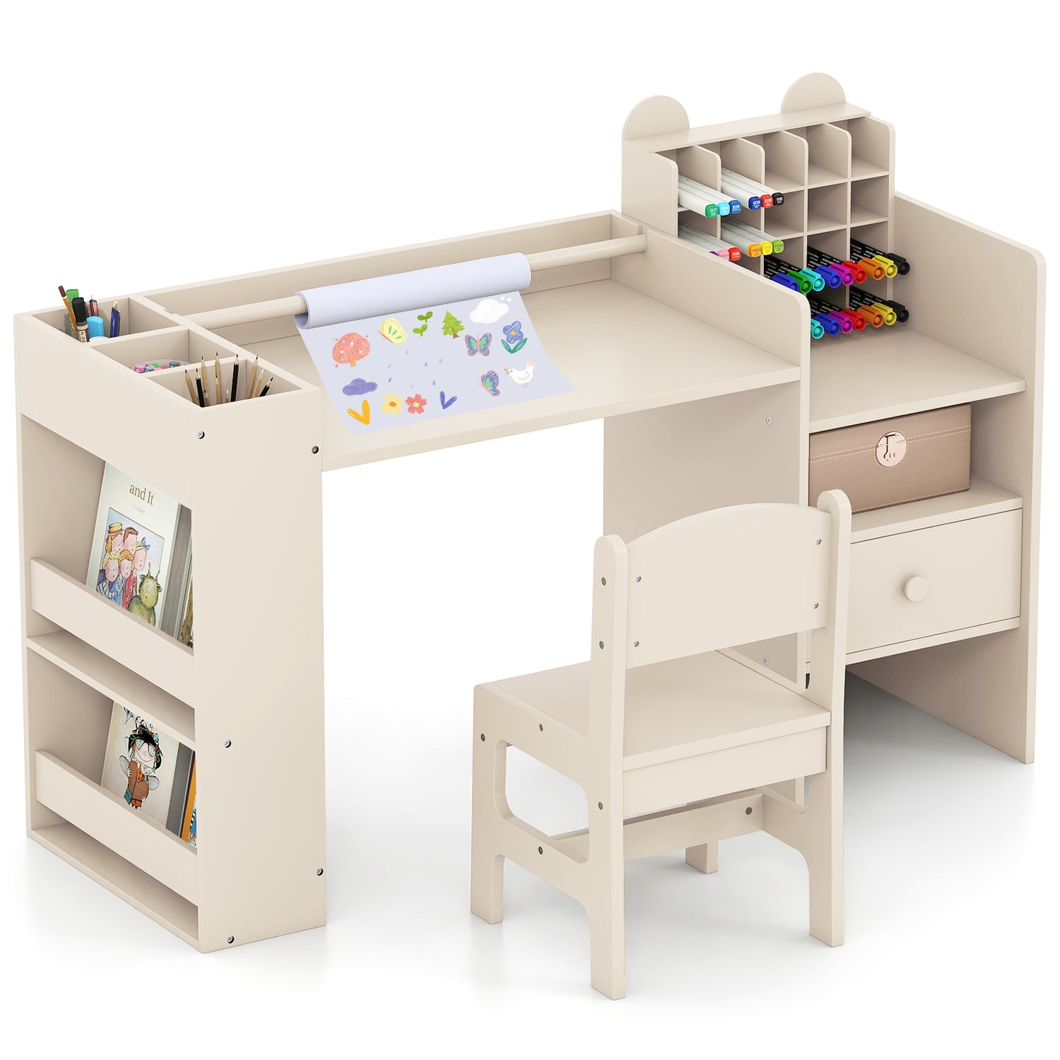 Kids Art Table and Chair Set with Detachable Paper Roll Holder and Cabinet