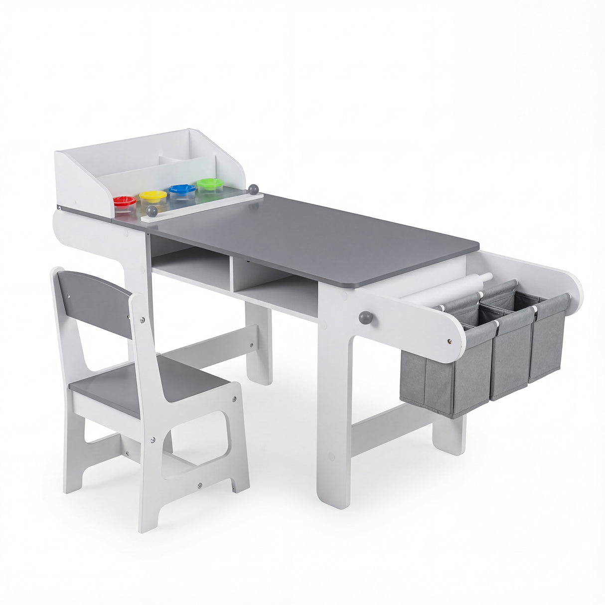 Kids Art Table and Chair with Paper Roll and Fabric Bins for Drawing Reading Studying Playing-Gray