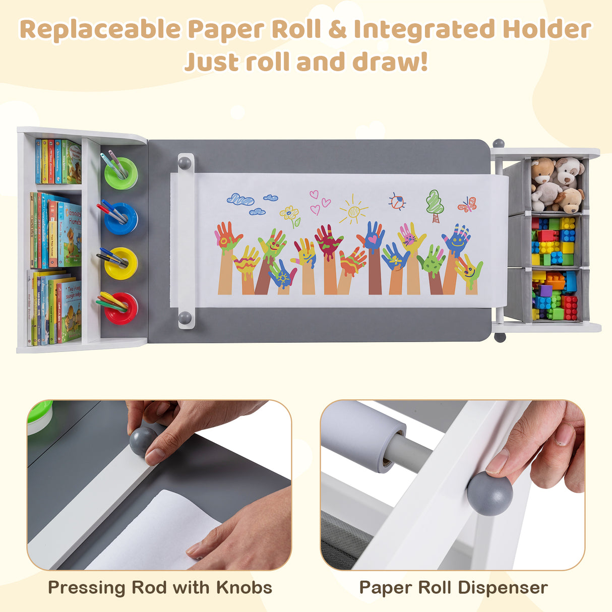 Kids Art Table and Chair with Paper Roll and Fabric Bins for Drawing Reading Studying Playing-Gray