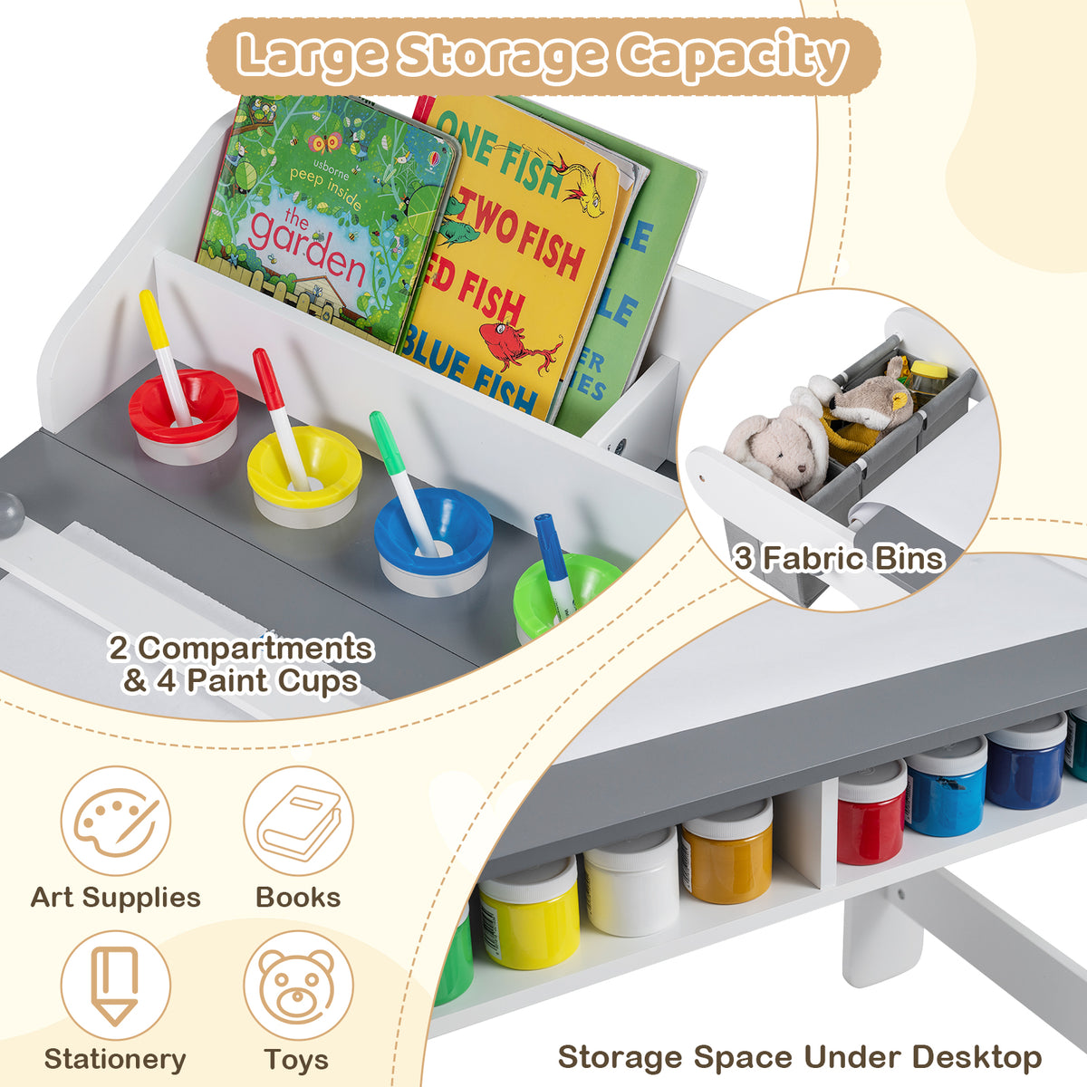 Kids Art Table and Chair with Paper Roll and Fabric Bins for Drawing Reading Studying Playing-Gray