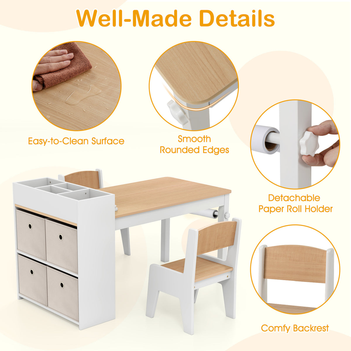 Kids Art Table and Chairs Set with 2 Chairs and Paper Roll
