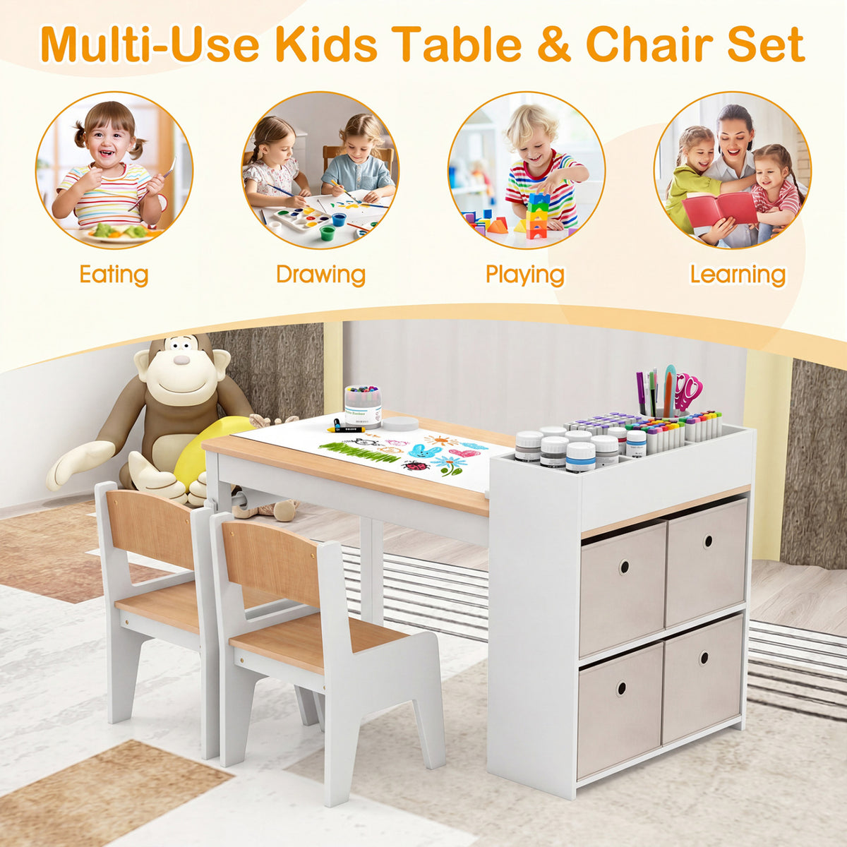 Kids Art Table and Chairs Set with 2 Chairs and Paper Roll