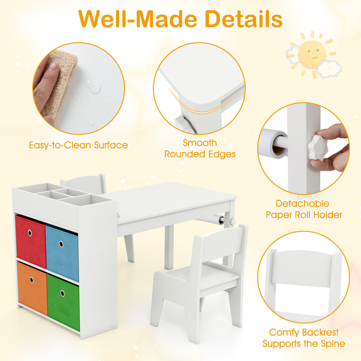 Kids Art Table and Chairs Set with 2 Chairs and Paper Roll