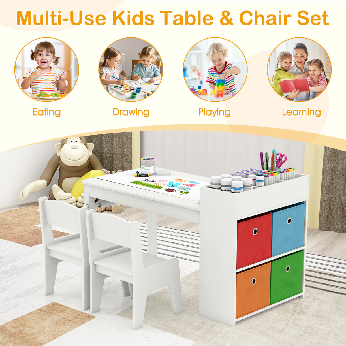 Kids Art Table and Chairs Set with 2 Chairs and Paper Roll