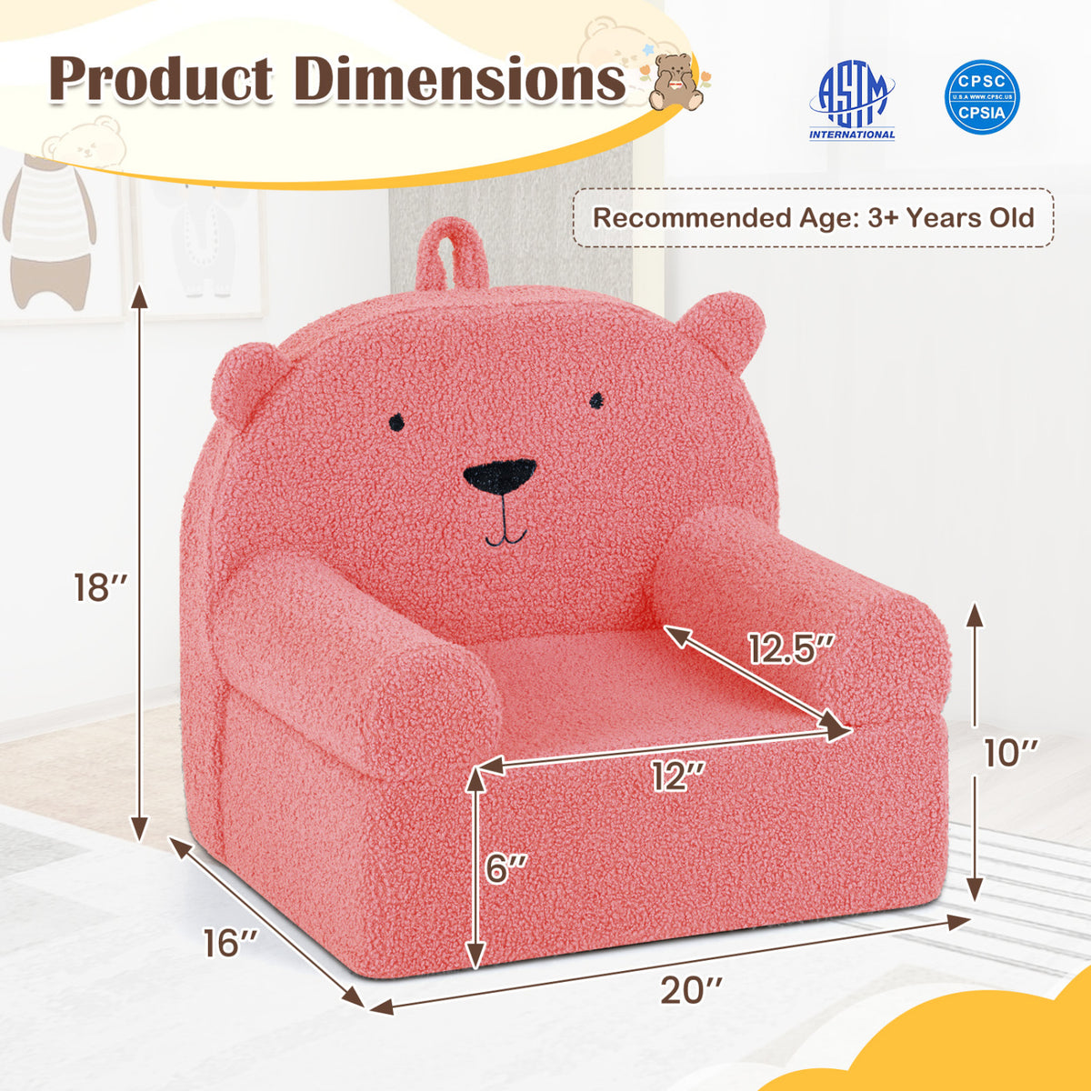 Kids Bear Sofa Toddler Foam Couch with Soft Fleece Fabric Cover