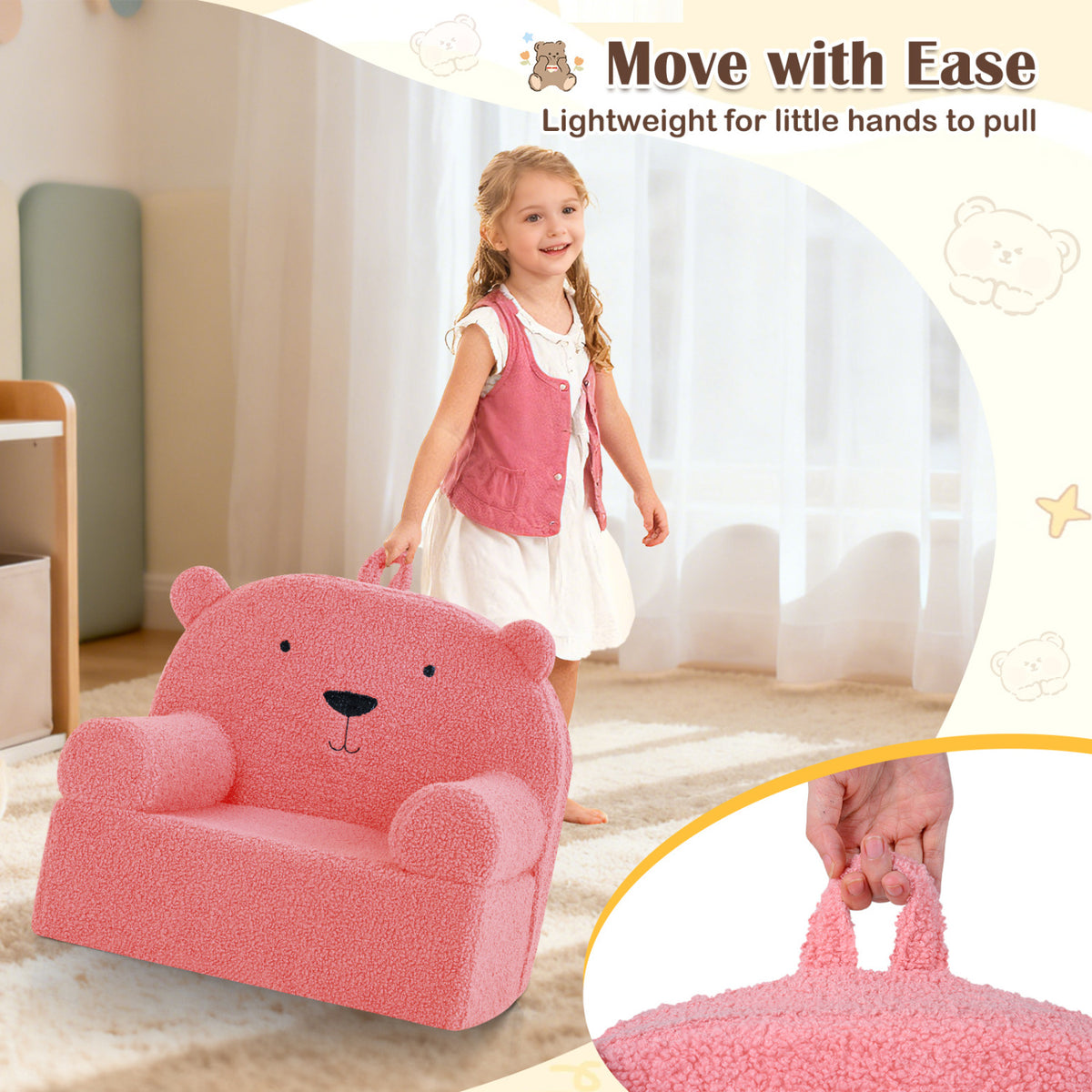 Kids Bear Sofa Toddler Foam Couch with Soft Fleece Fabric Cover