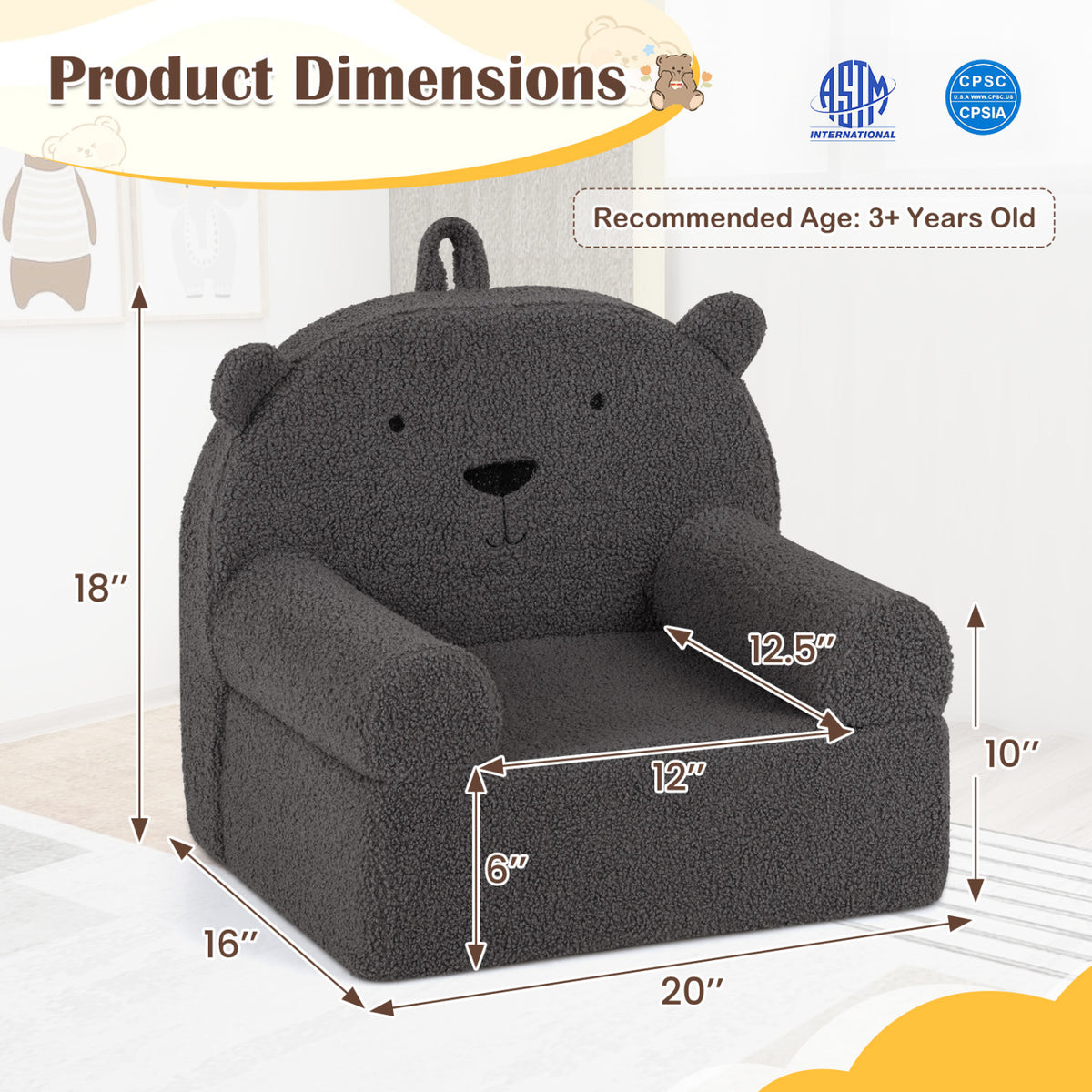 Kids Bear Sofa Toddler Foam Couch with Soft Fleece Fabric Cover