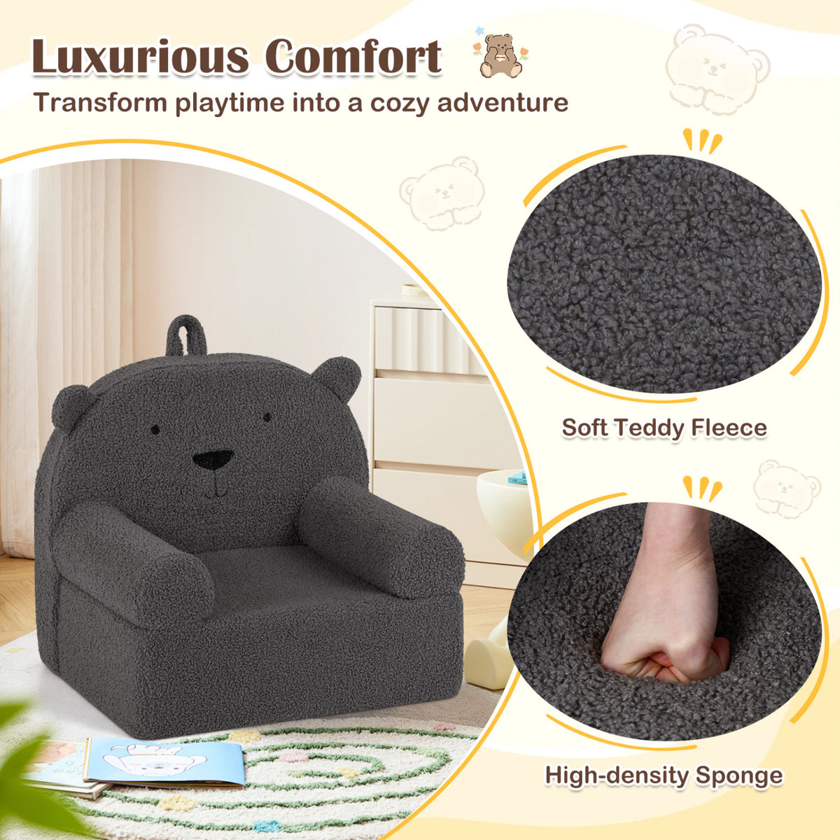 Kids Bear Sofa Toddler Foam Couch with Soft Fleece Fabric Cover