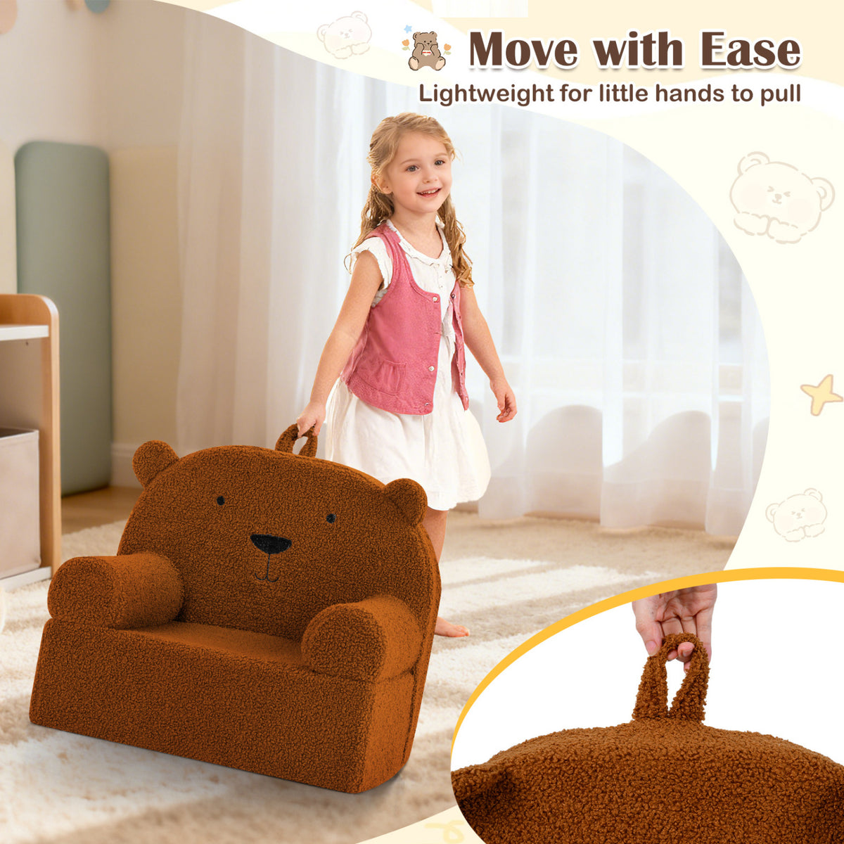Kids Bear Sofa Toddler Foam Couch with Soft Fleece Fabric Cover
