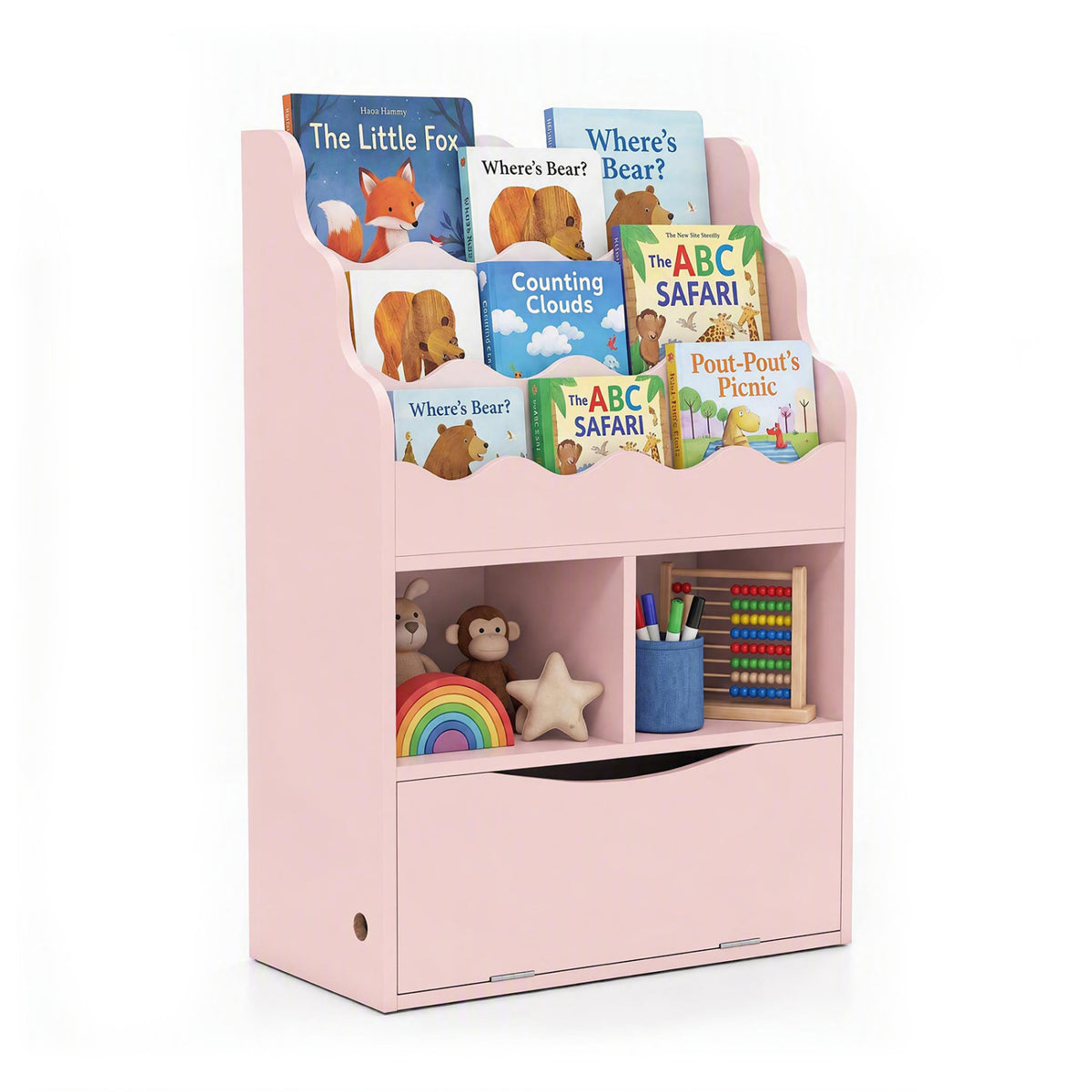 Kids Bookcase with 3-Tier Sling Bookshelf with Shelves Open Cubes and Flip Down Cabinet