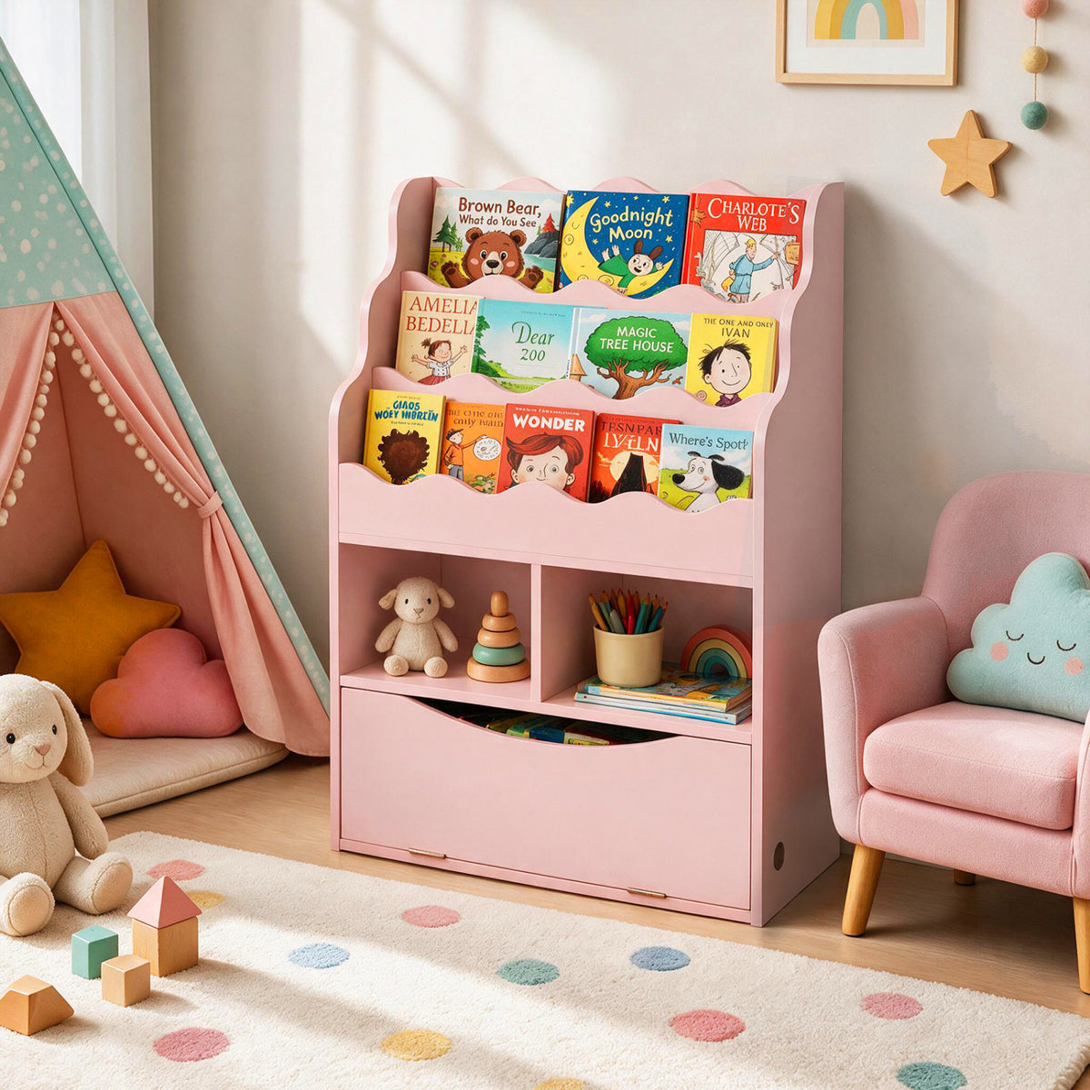 Kids Bookcase with 3-Tier Sling Bookshelf with Shelves Open Cubes and Flip Down Cabinet