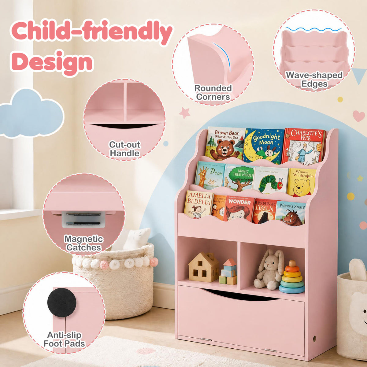 Kids Bookcase with 3-Tier Sling Bookshelf with Shelves Open Cubes and Flip Down Cabinet