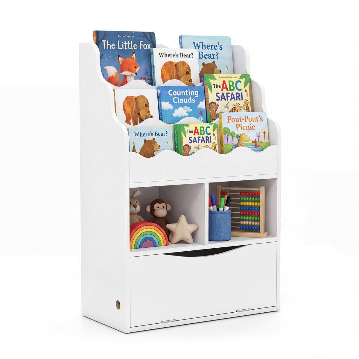 Kids Bookcase with 3-Tier Sling Bookshelf with Shelves Open Cubes and Flip Down Cabinet