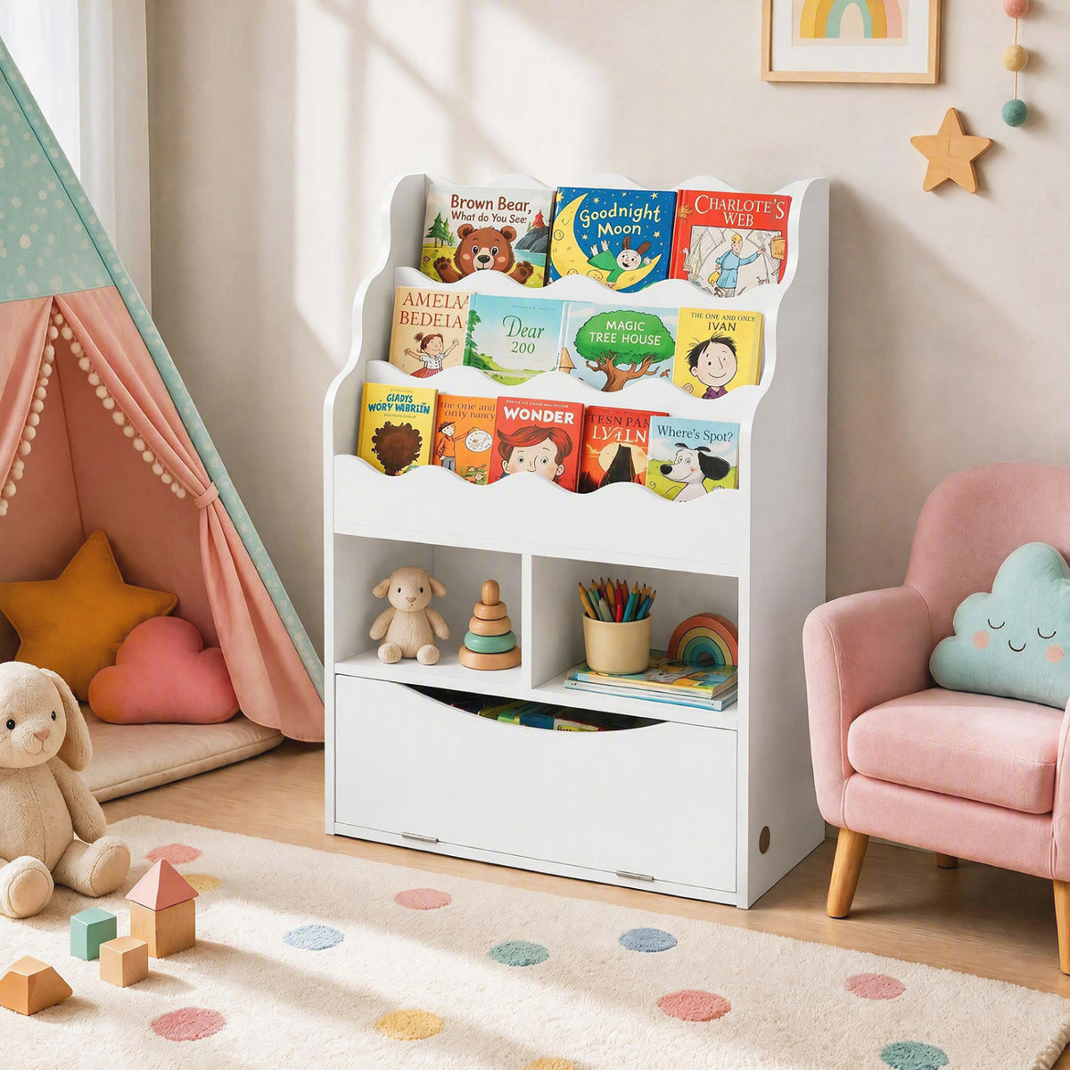 Kids Bookcase with 3-Tier Sling Bookshelf with Shelves Open Cubes and Flip Down Cabinet