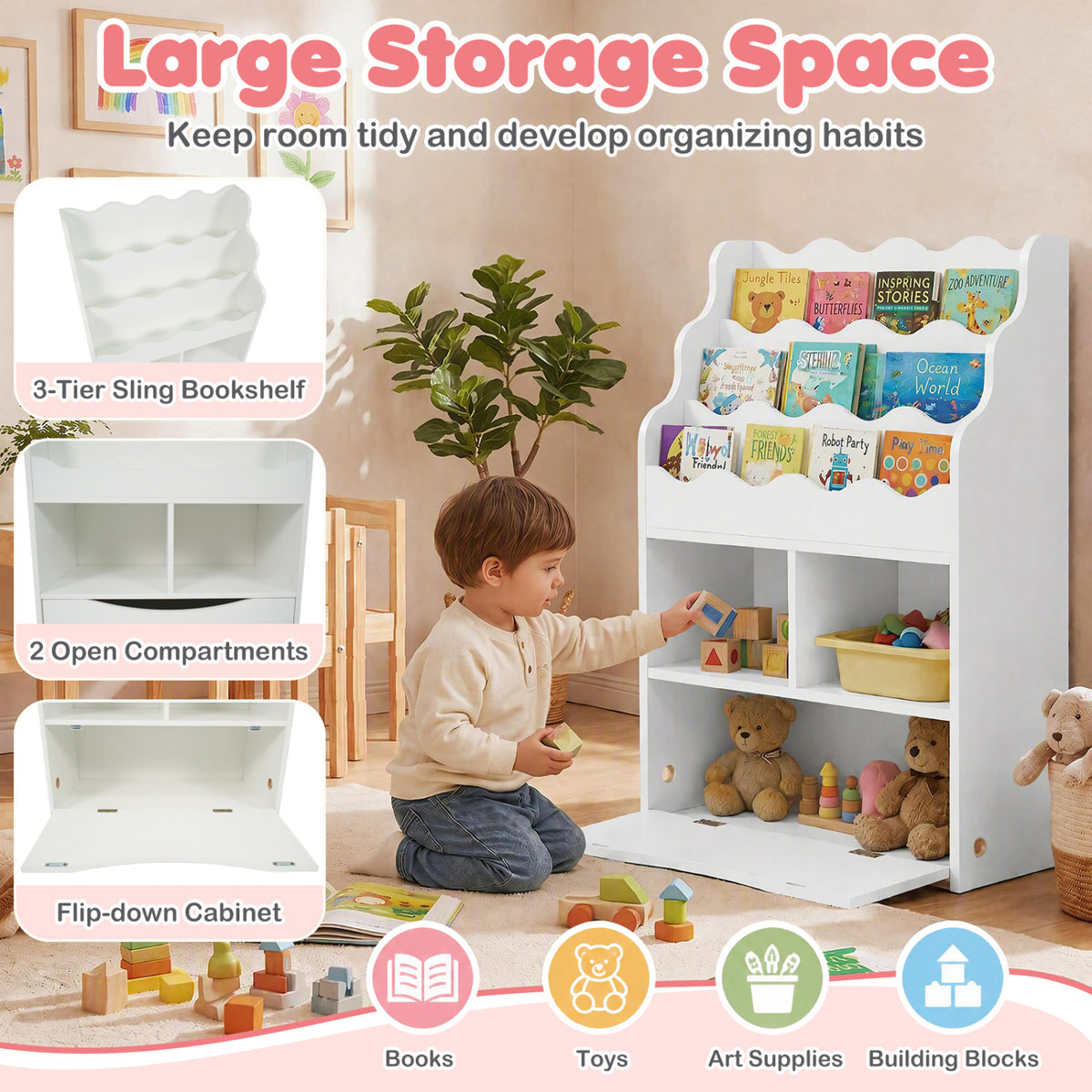 Kids Bookcase with 3-Tier Sling Bookshelf with Shelves Open Cubes and Flip Down Cabinet