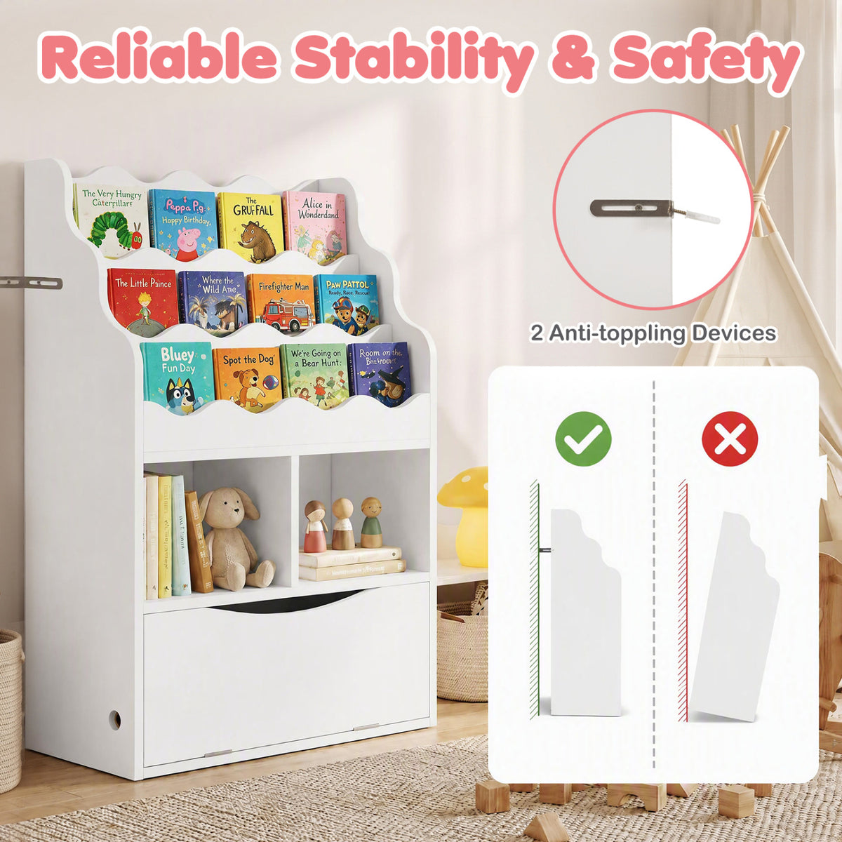 Kids Bookcase with 3-Tier Sling Bookshelf with Shelves Open Cubes and Flip Down Cabinet