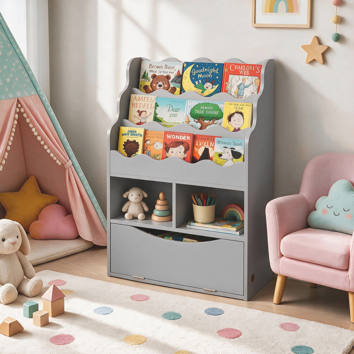Kids Bookcase with 3-Tier Sling Bookshelf with Shelves Open Cubes and Flip Down Cabinet