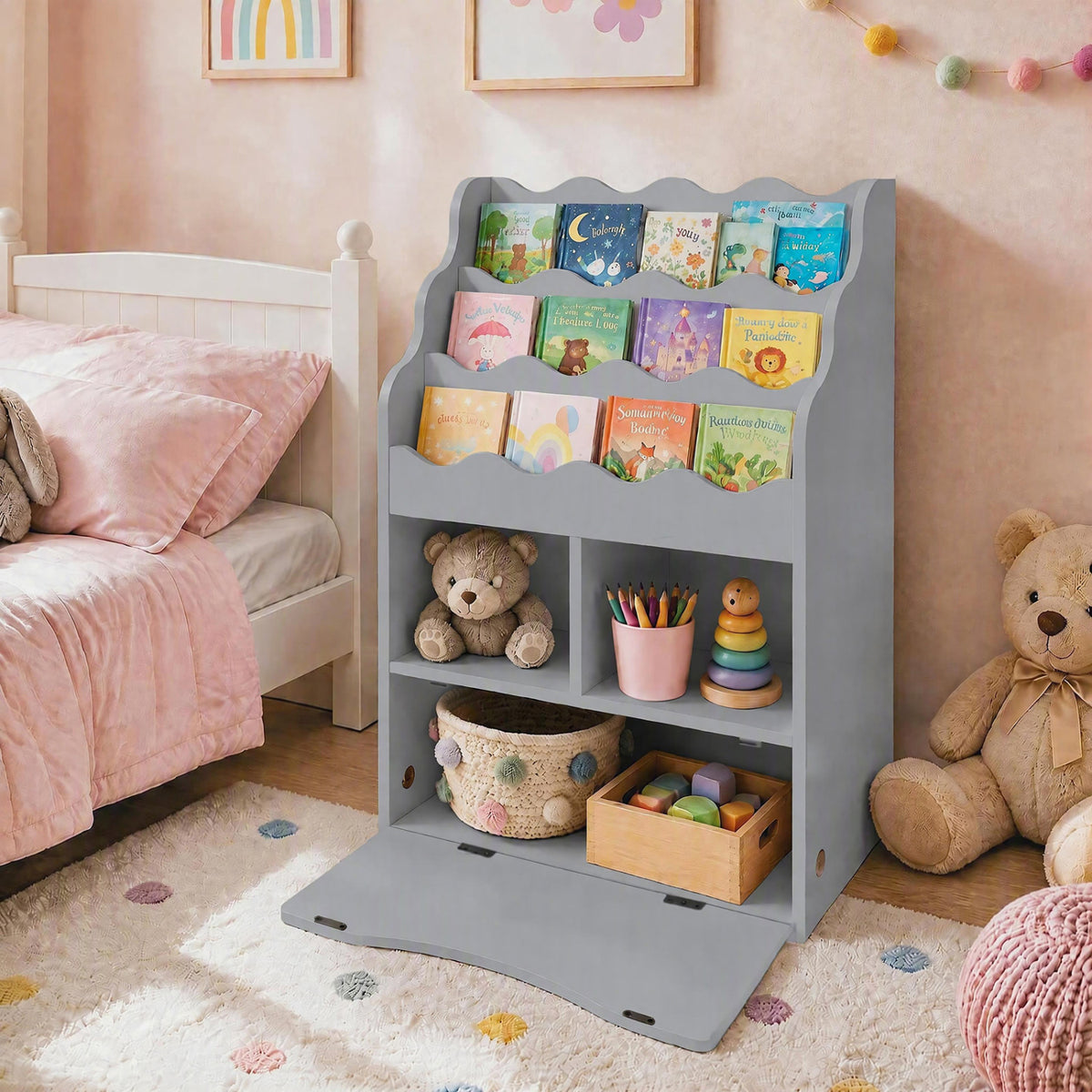 Kids Bookcase with 3-Tier Sling Bookshelf with Shelves Open Cubes and Flip Down Cabinet