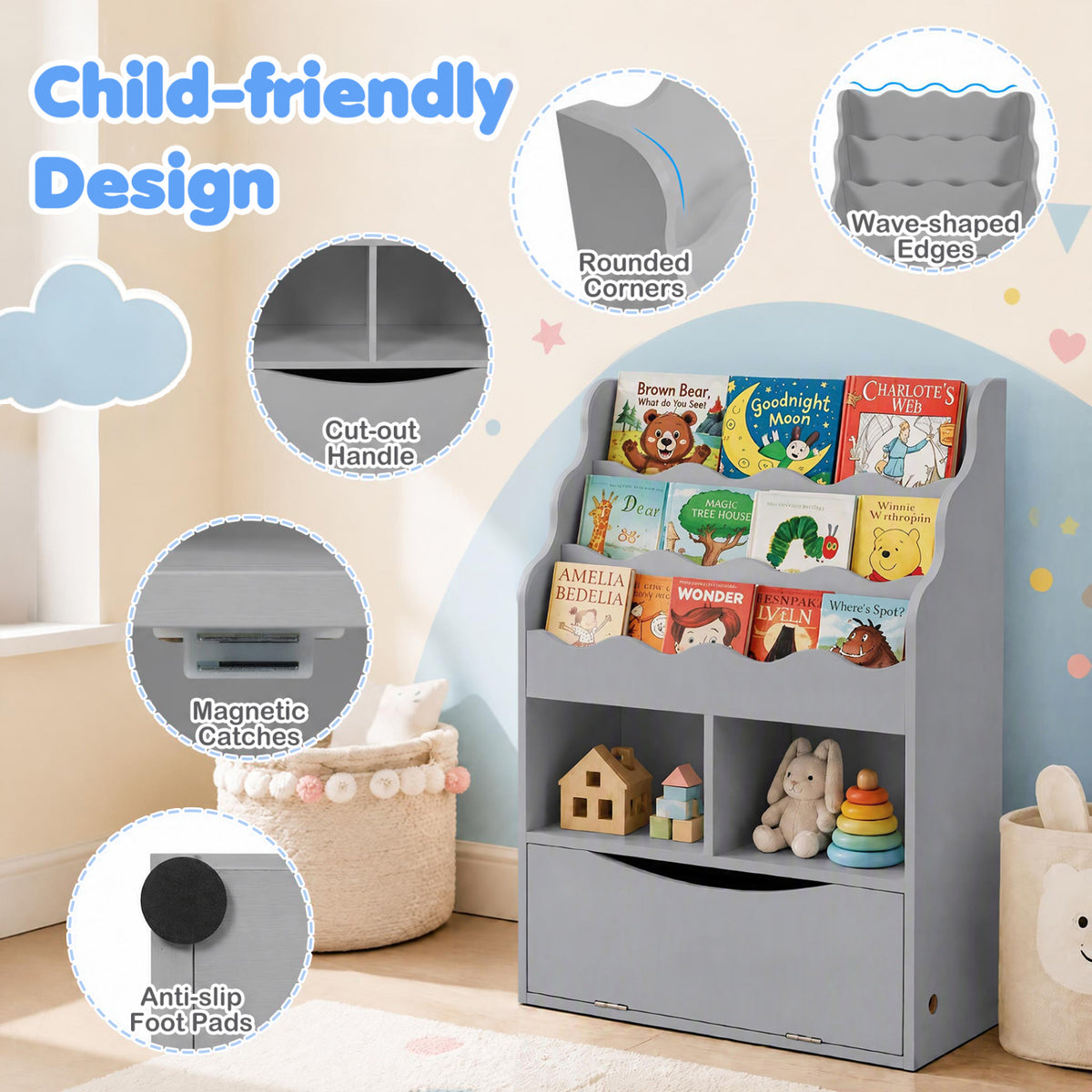 Kids Bookcase with 3-Tier Sling Bookshelf with Shelves Open Cubes and Flip Down Cabinet