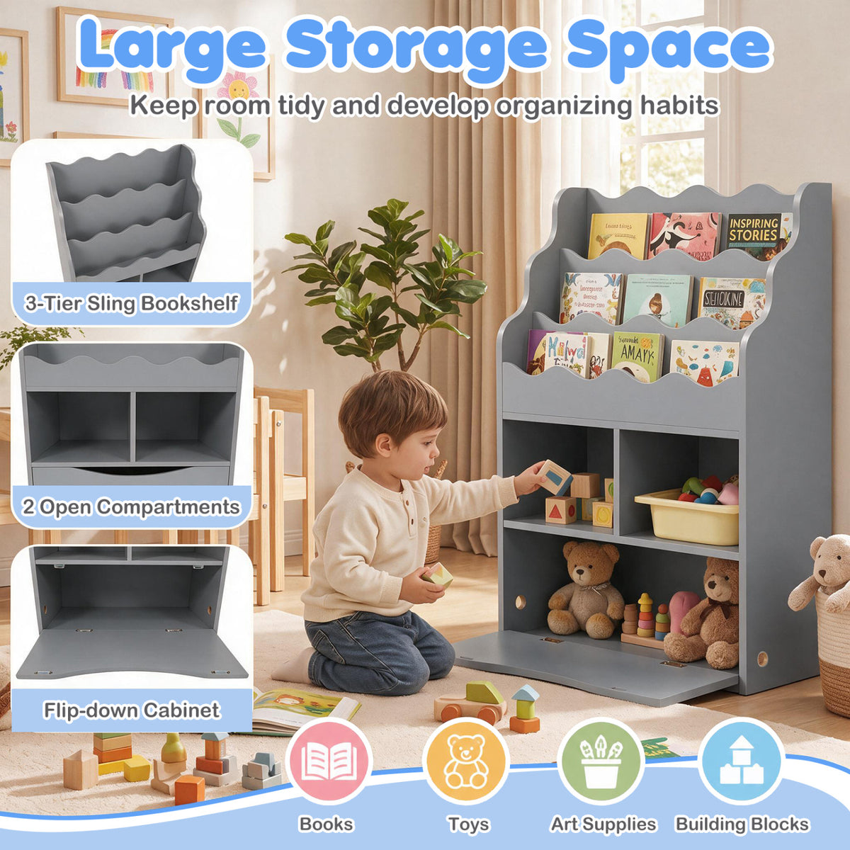 Kids Bookcase with 3-Tier Sling Bookshelf with Shelves Open Cubes and Flip Down Cabinet