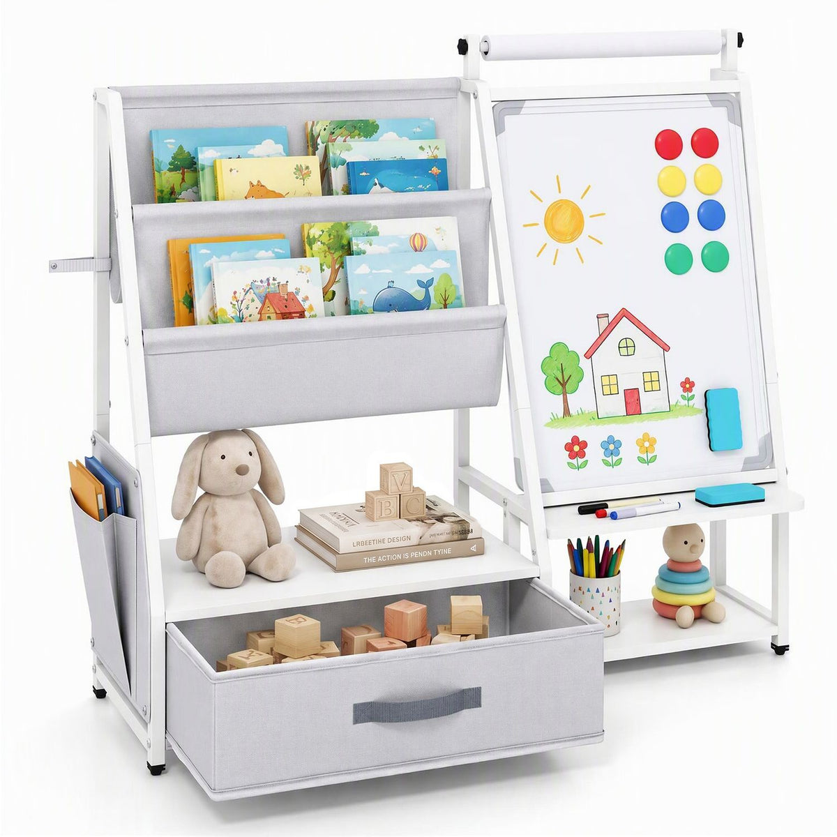 Kids Bookshelf Art Easel with Toy Organizer and Magnetic Whiteboard