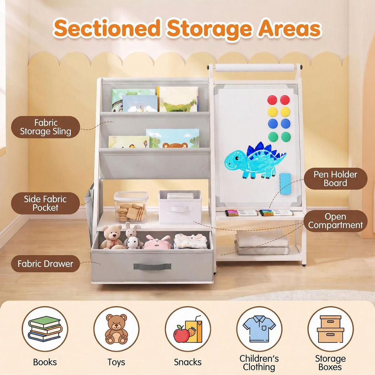 Kids Bookshelf Art Easel with Toy Organizer and Magnetic Whiteboard