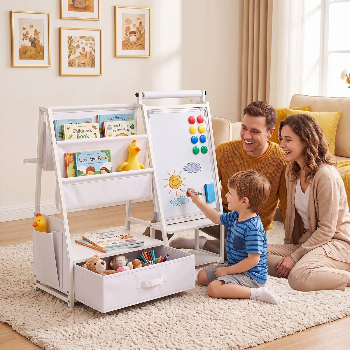 Kids Bookshelf Art Easel with Toy Organizer and Magnetic Whiteboard