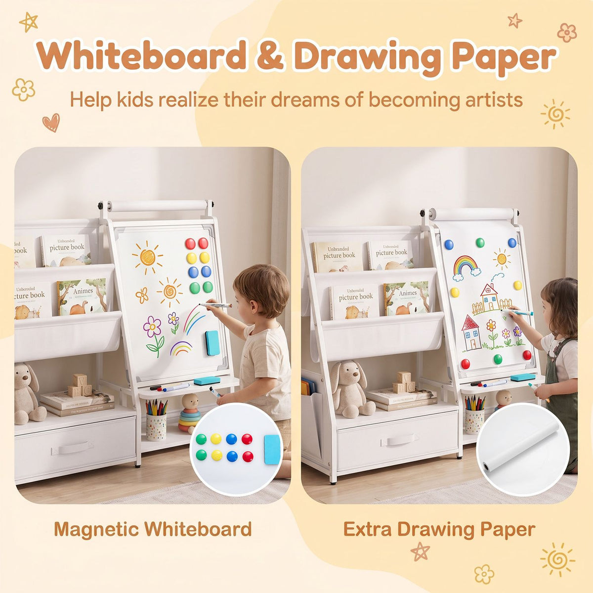 Kids Bookshelf Art Easel with Toy Organizer and Magnetic Whiteboard