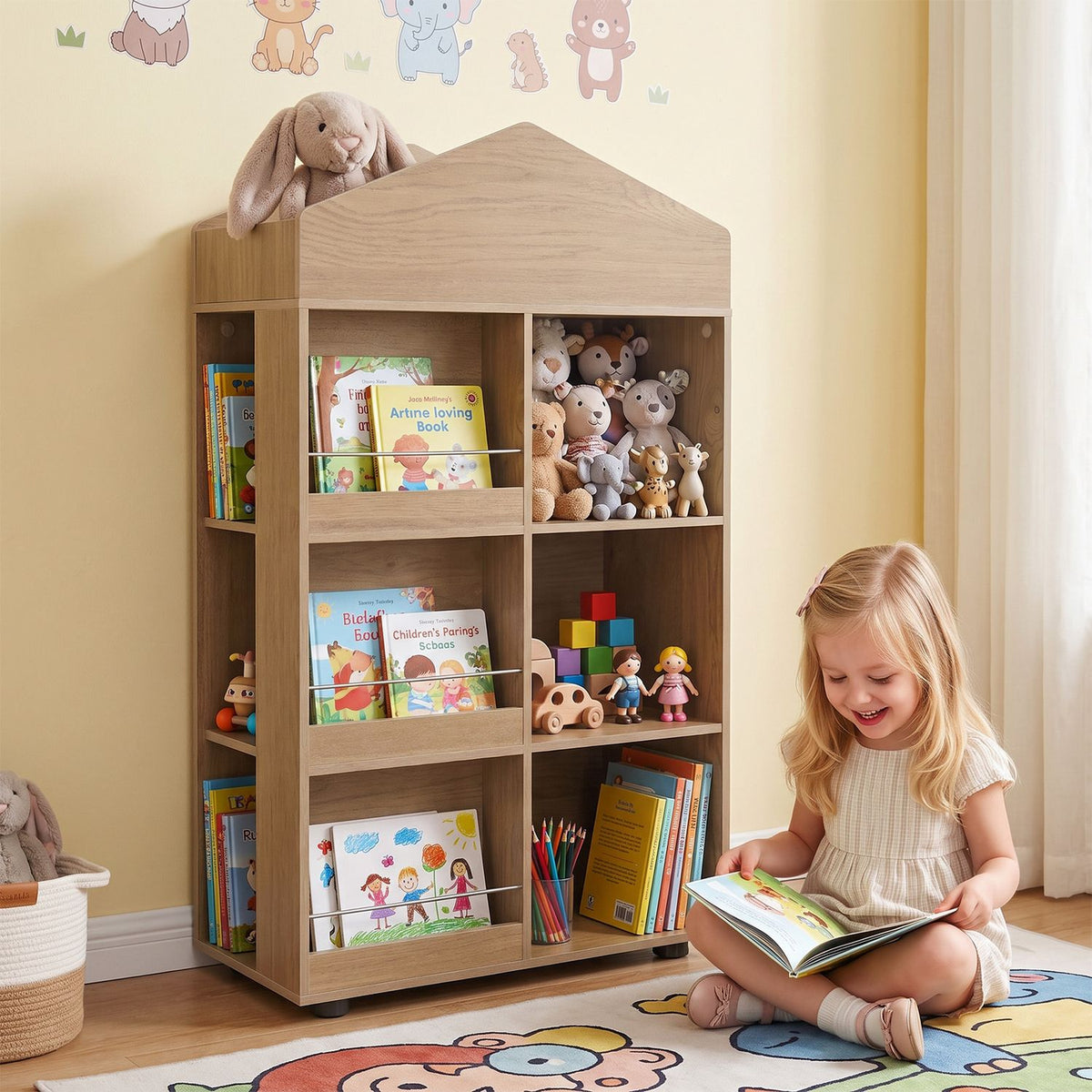 Kids Bookshelf and Toy Storage Organizer 4-Tier House-Shaped Toddler Bookcase