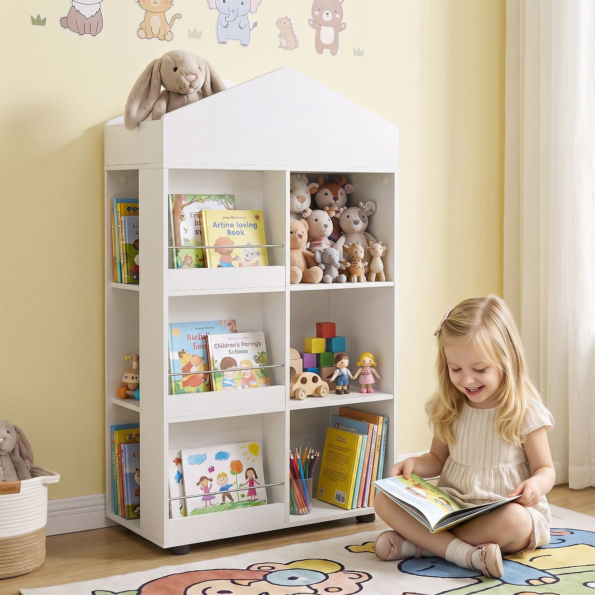 Kids Bookshelf and Toy Storage Organizer 4-Tier House-Shaped Toddler Bookcase
