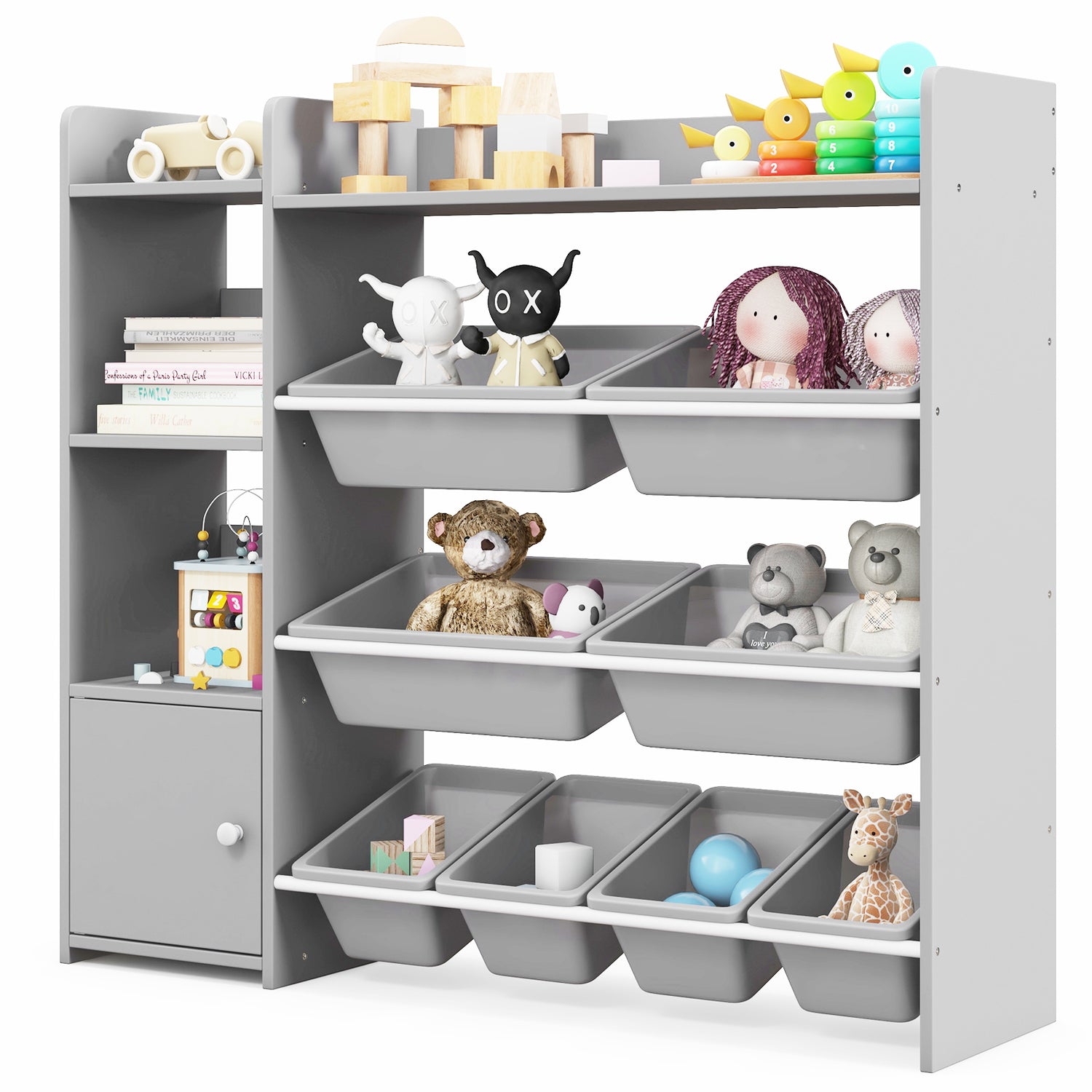4-Tier Kids Bookshelf and Toy Storage Rack with 8 Toy Organizer Bins