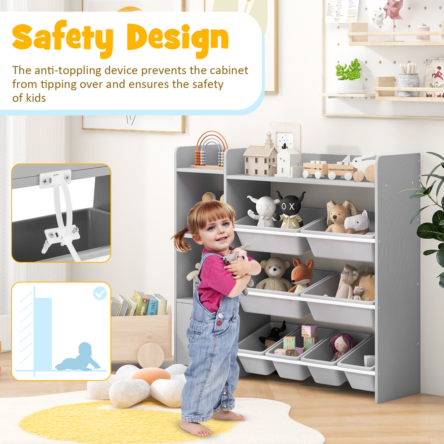 4-Tier Kids Bookshelf and Toy Storage Rack with 8 Toy Organizer Bins